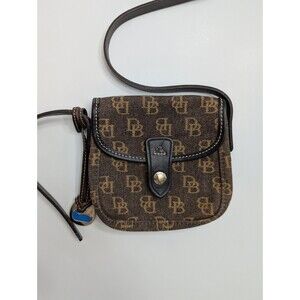 Vtg Dooney & Bourke Brown Monogram Coated Canvas DB Logo Crossbody Mini Bag